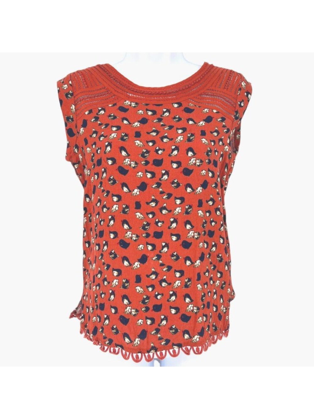 Meadow Rue Bird Print Orange Sleeveless Blouse Size XS Boho Cottagecore Whimsy